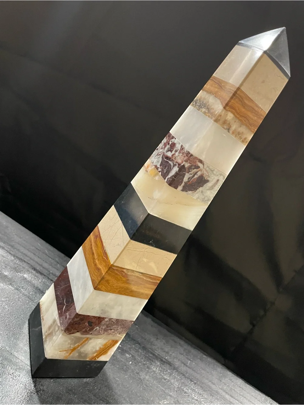 Striped Stone Obelisk Home Accent in Black, Brown, Cream